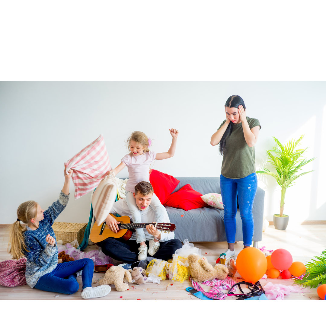 fustrated working mom surrounded by a cluttered living room, struggling with household work as husband and daughters relax